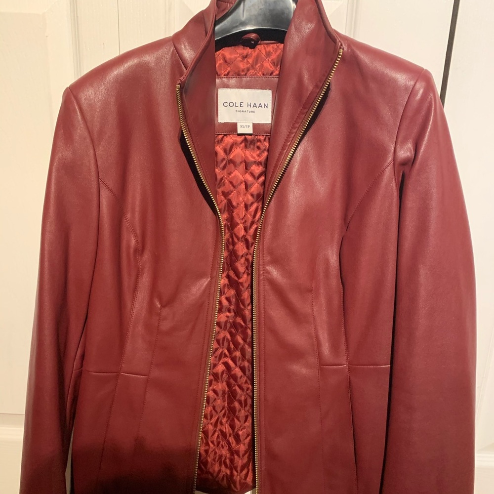 Cole Haan faux leather jacket XS burgundy